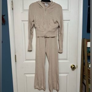 Pink Rose Beige Sweatpants with Hoodie, Set, 2 Piece